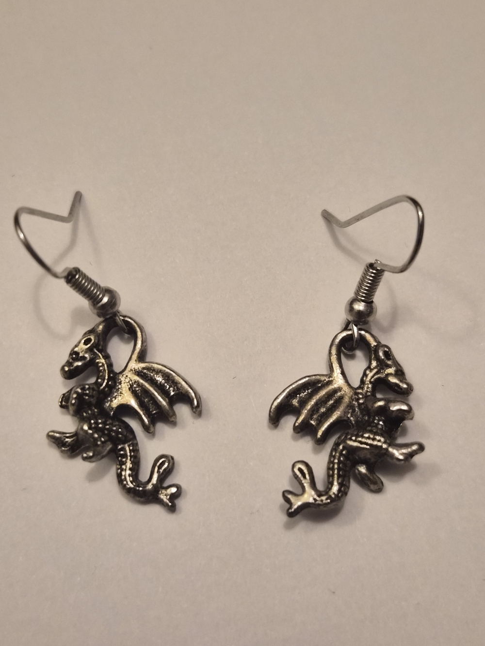​Vintage Gothic Silver Tone Flying Dragon Charm Dangle Earrings